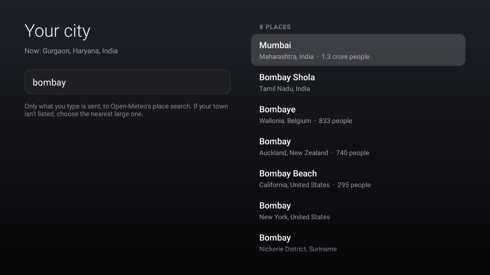 Choosing the city: “bombay” typed on the left, and Mumbai first among the places on the right