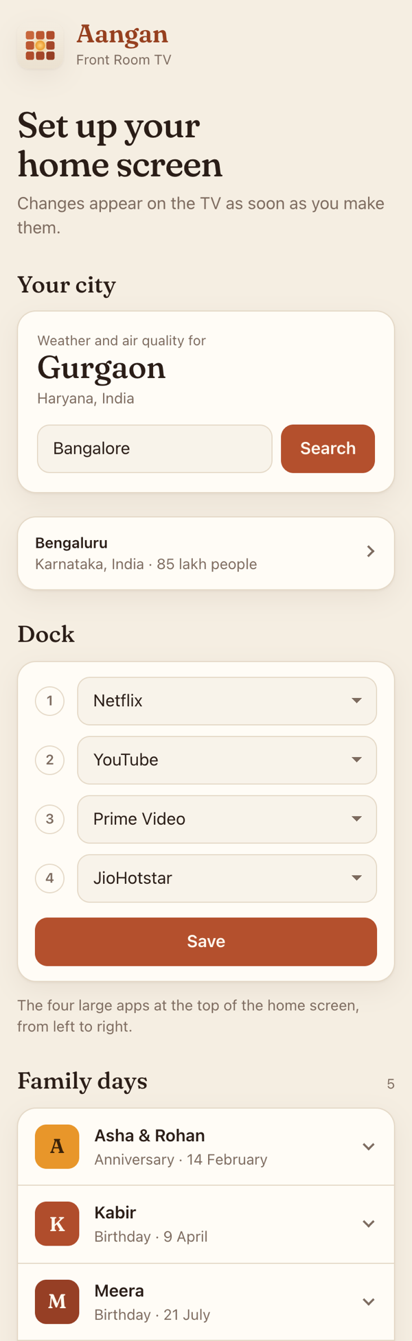 The phone page: city suggestions as you type, the dock's four choices, and the family's days