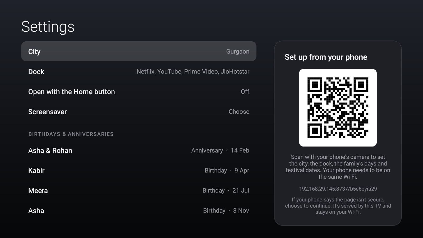 Aangan's Settings, with a QR code for phone setup